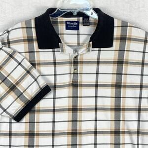 VTG Wrangler Mens L White Black Tan Plaid Western Country Cowboy Golf Polo Shirt